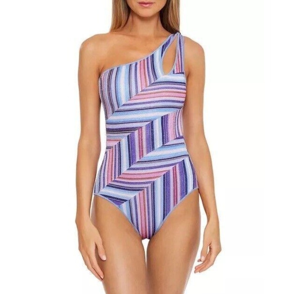 BECCA Virtue One Shoulder One Piece Swimsuit Women Small Purple Striped Metallic
